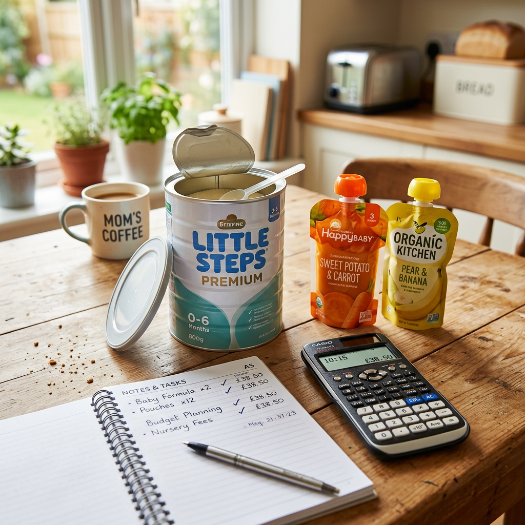 Infant formula tin, baby food pouches, calculator, notebook with budget notes, and coffee mug on wooden kitchen table